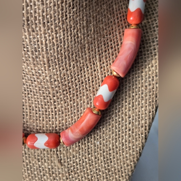 Peach Coral Orange White Beaded Boho Necklace - Picture 2 of 4